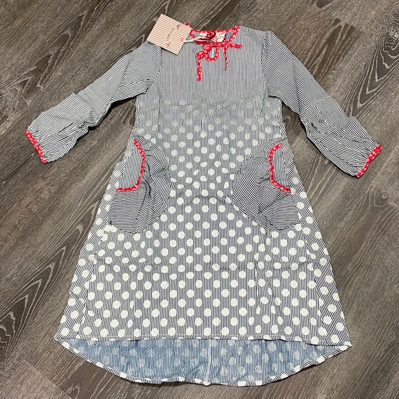 NWT Australian Designer Paper Wings Girls Chambray Cream & Indigo Spot Dress